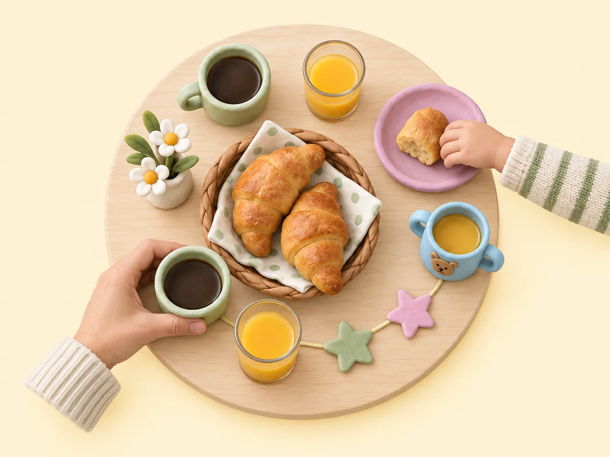 Petit-déjeuner partagé à la crèche : croissants, jus d’orange, la main d’un parent et celle d’un enfant, en pâte à modeler